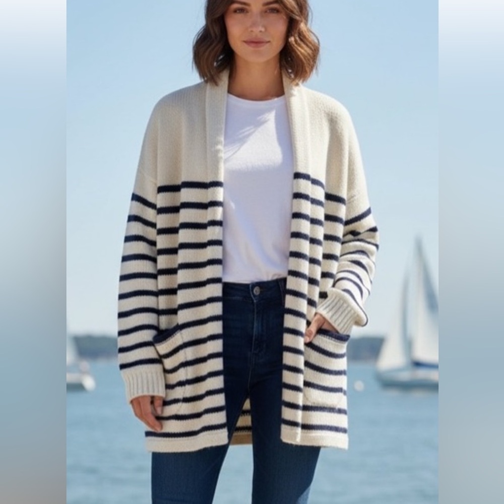 JCREW Navy Striped Wool Blend Cardigan Small Preppy Beach Coastal